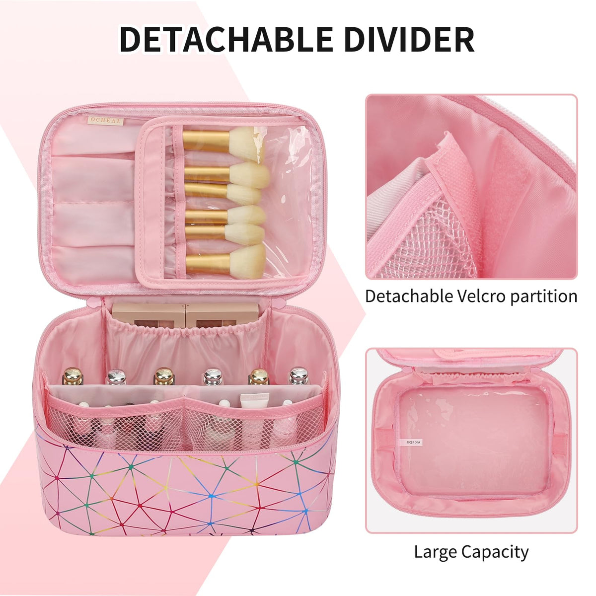 OCHEAL Makeup Bag side view with smooth zippers