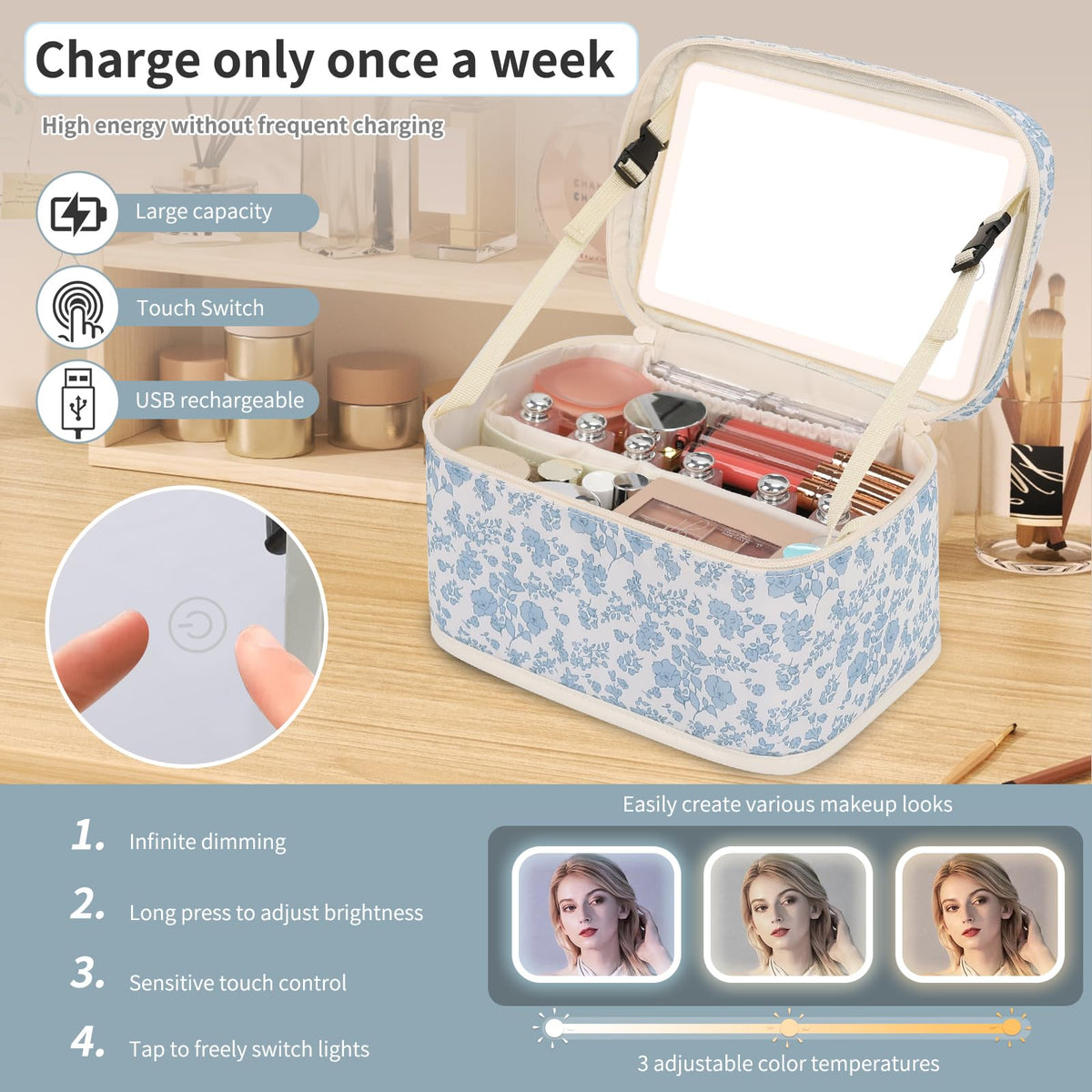 OCHEAL Makeup Bag side view with smooth zippers