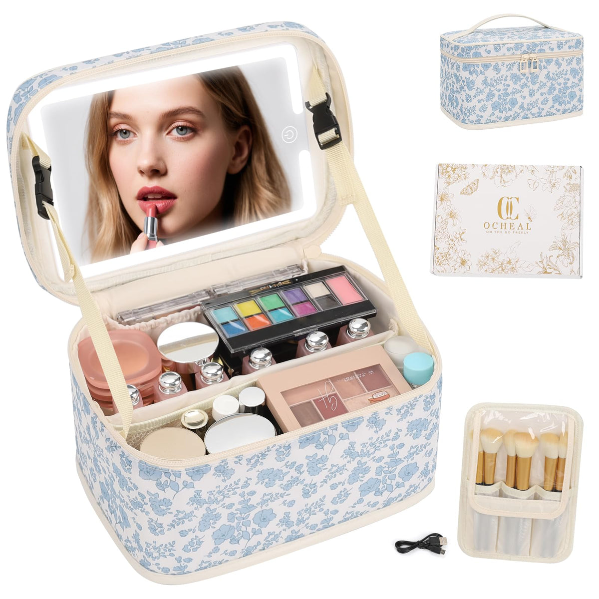OCHEAL Makeup Bag with LED Mirror front view in black