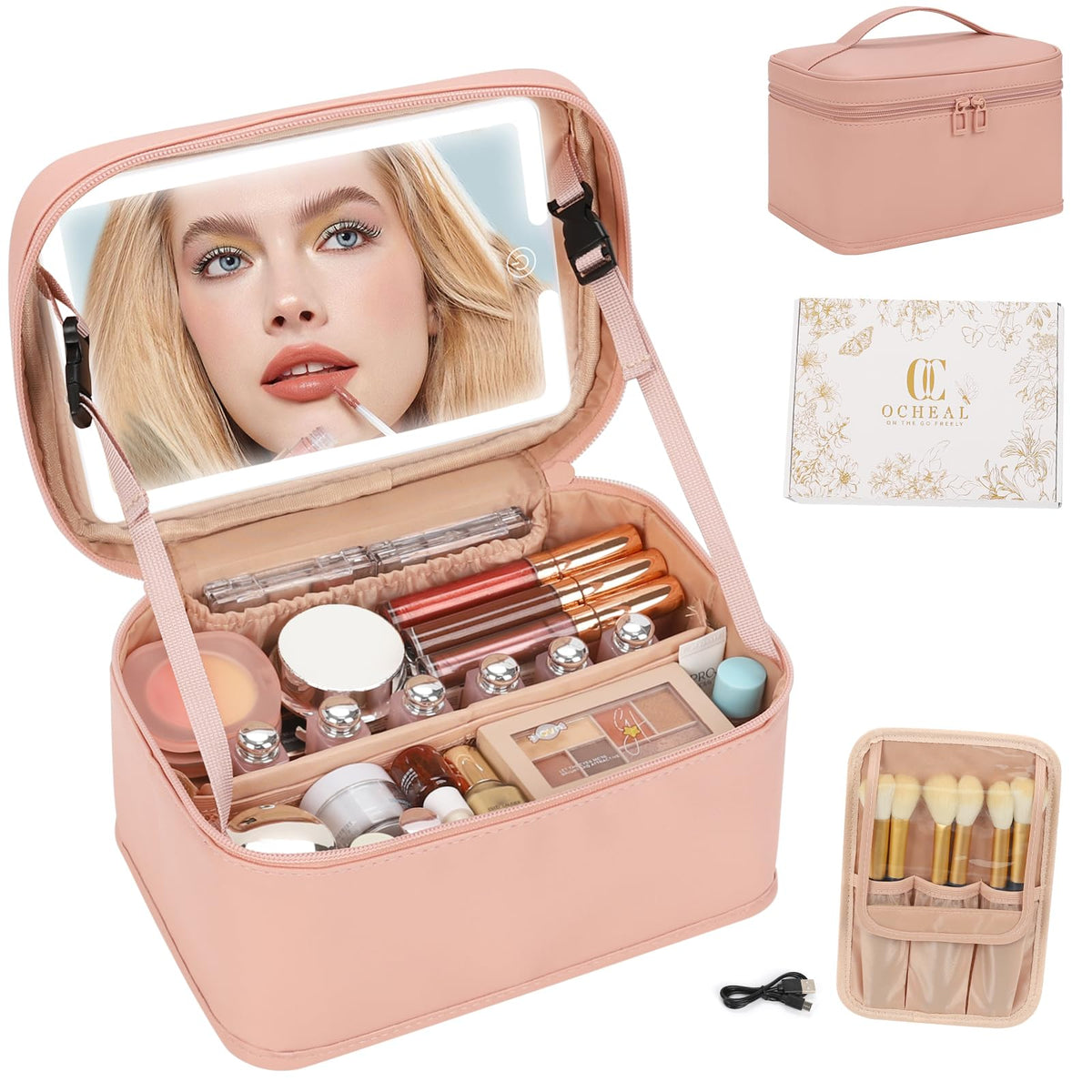OCHEAL Makeup Bag with LED mirror front view in pink