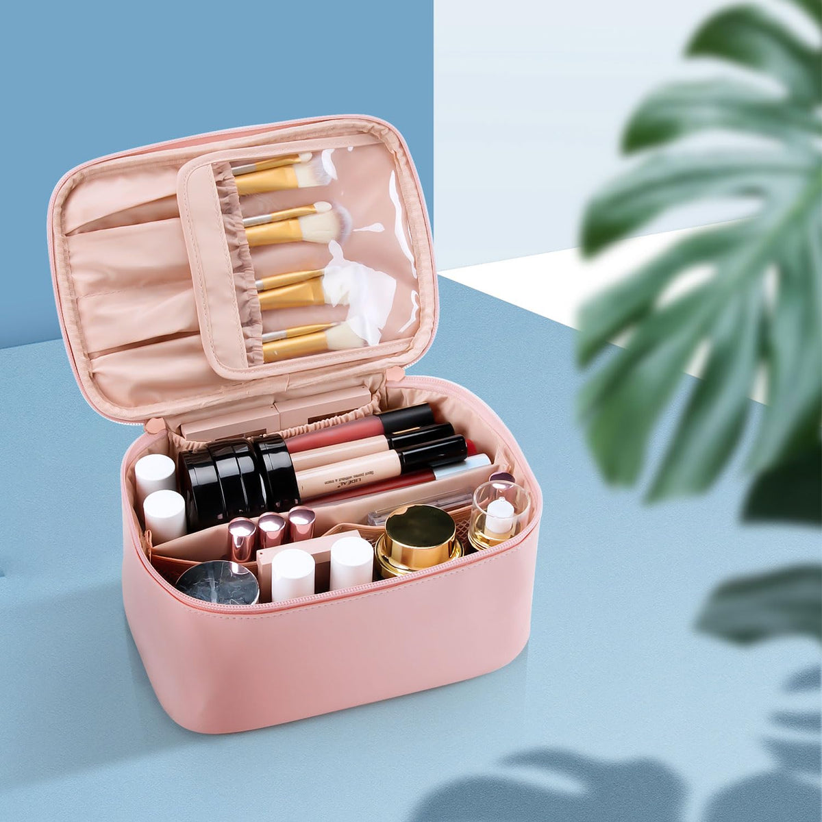 OCHEAL Pink Makeup Bag lifestyle scene on a vanity