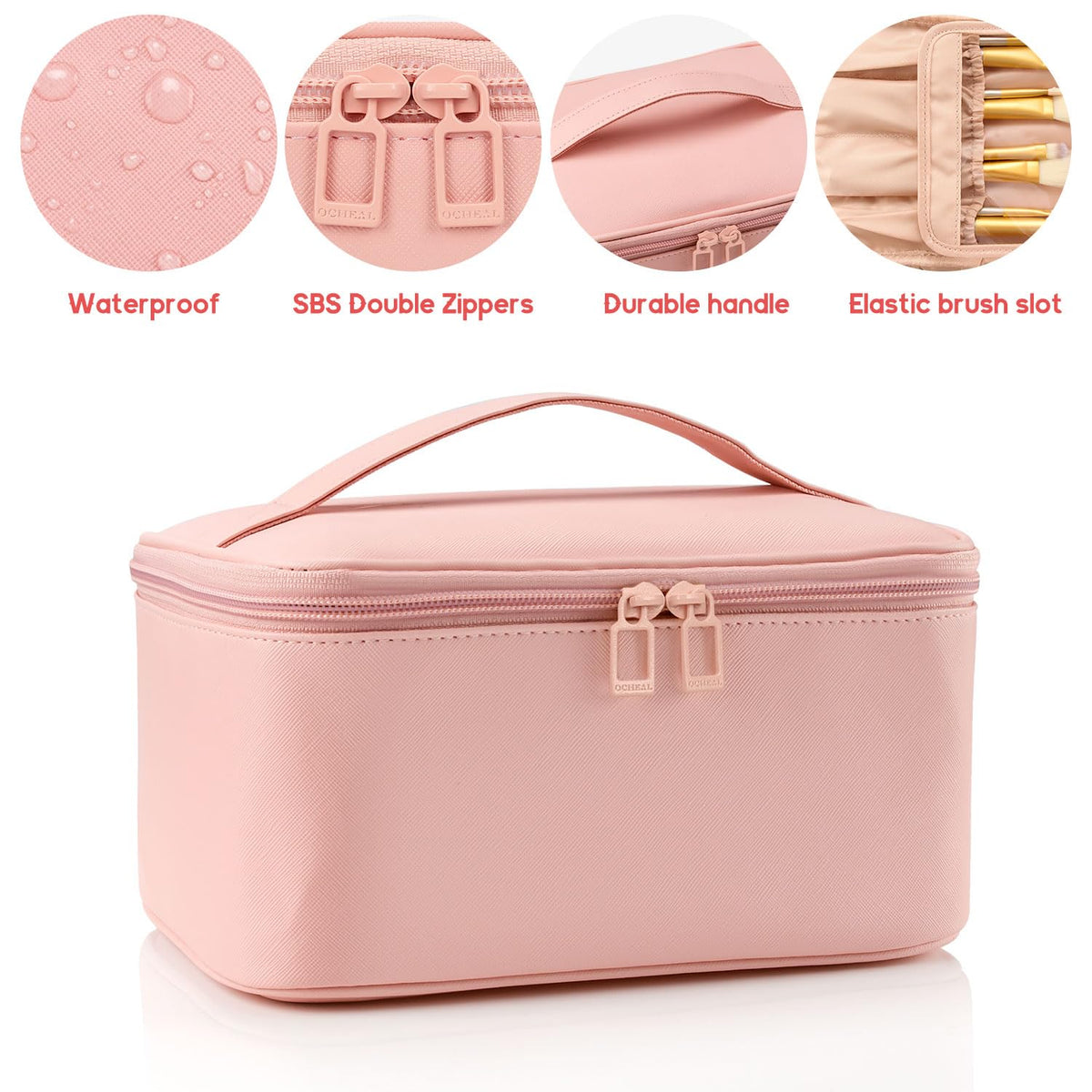 OCHEAL Pink Makeup Bag open showing flexible dividers