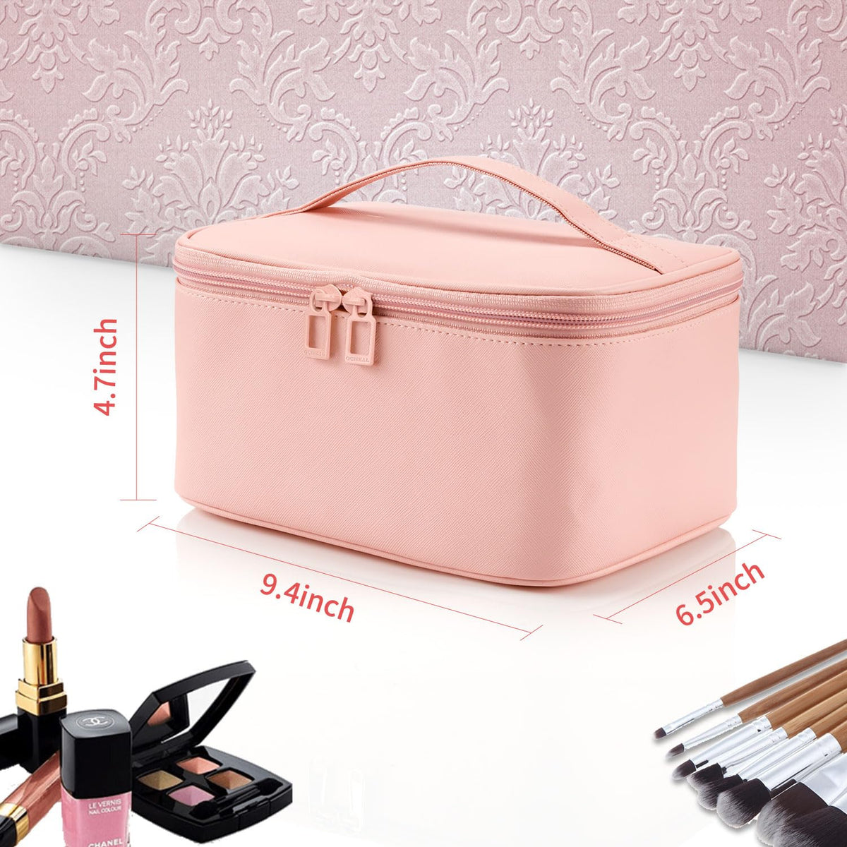 OCHEAL Pink Makeup Bag with cosmetics inside