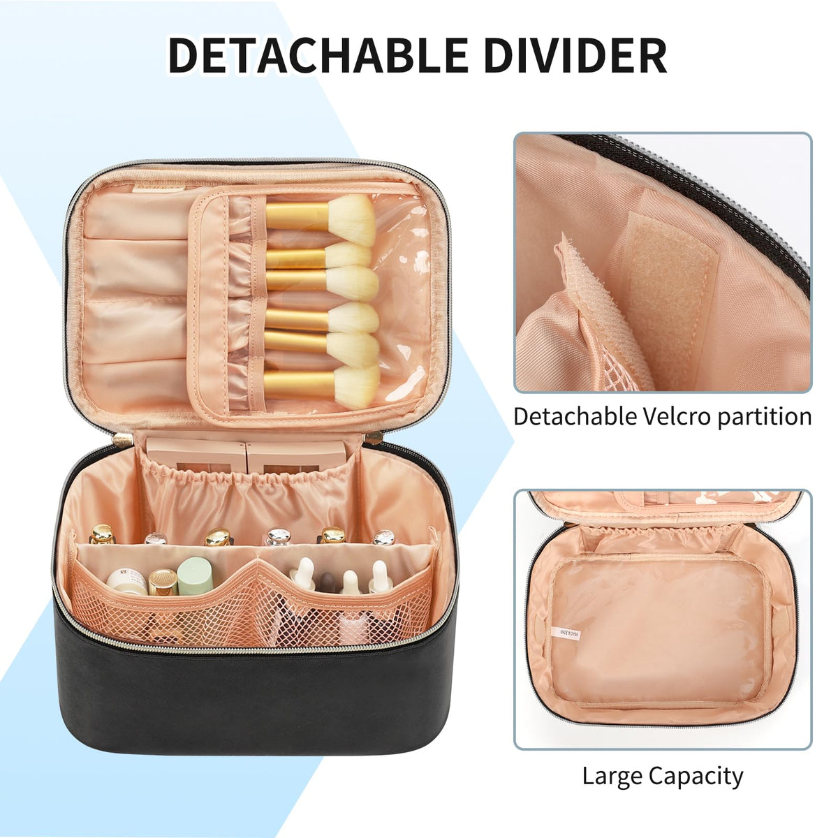 OCHEAL Portable Cosmetic Bag showing separate brush compartment
