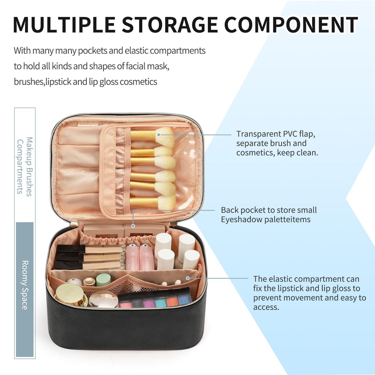 OCHEAL Portable Cosmetic Bag with open compartments showing dividers
