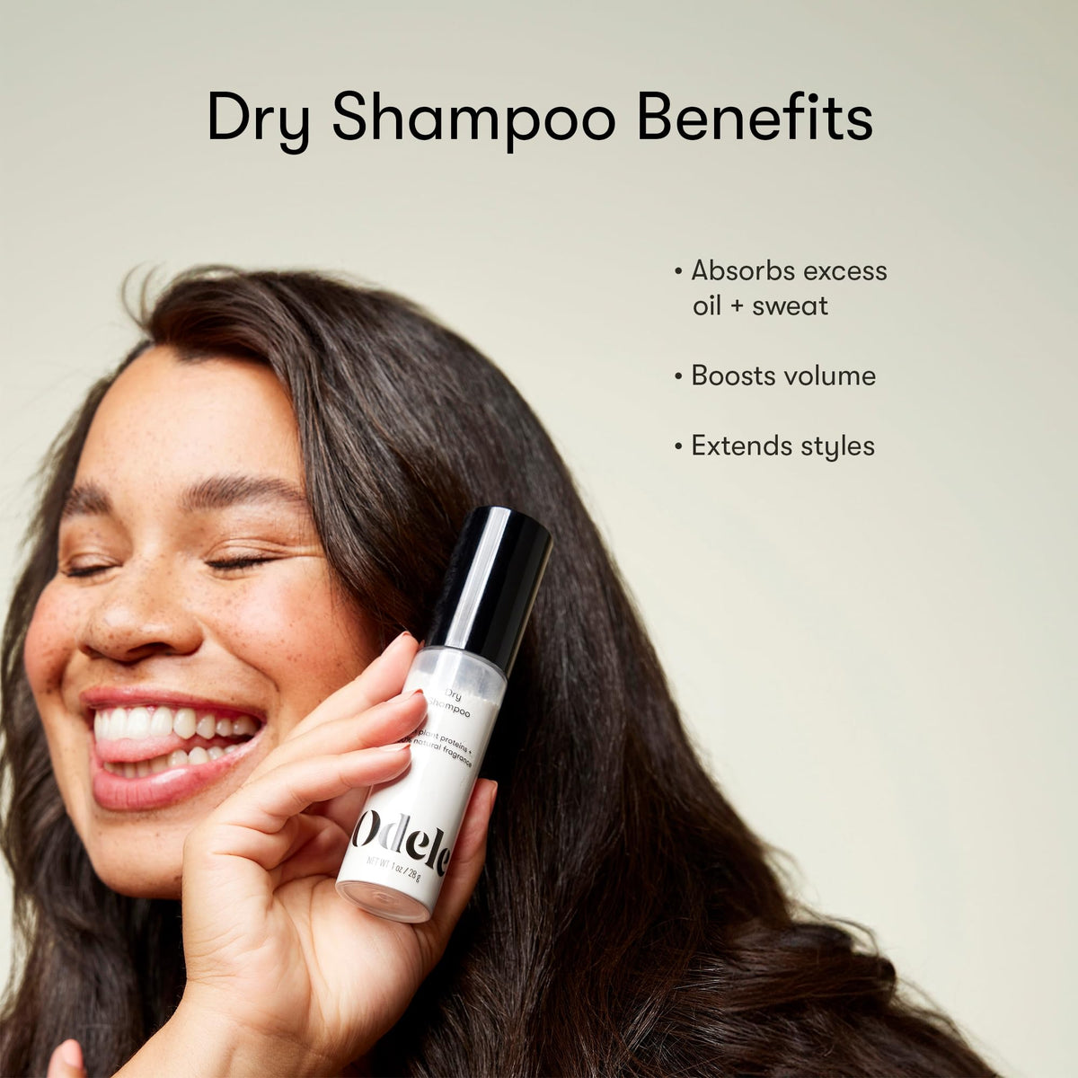Odele Dry Shampoo Powder 1 oz lifestyle scene with model