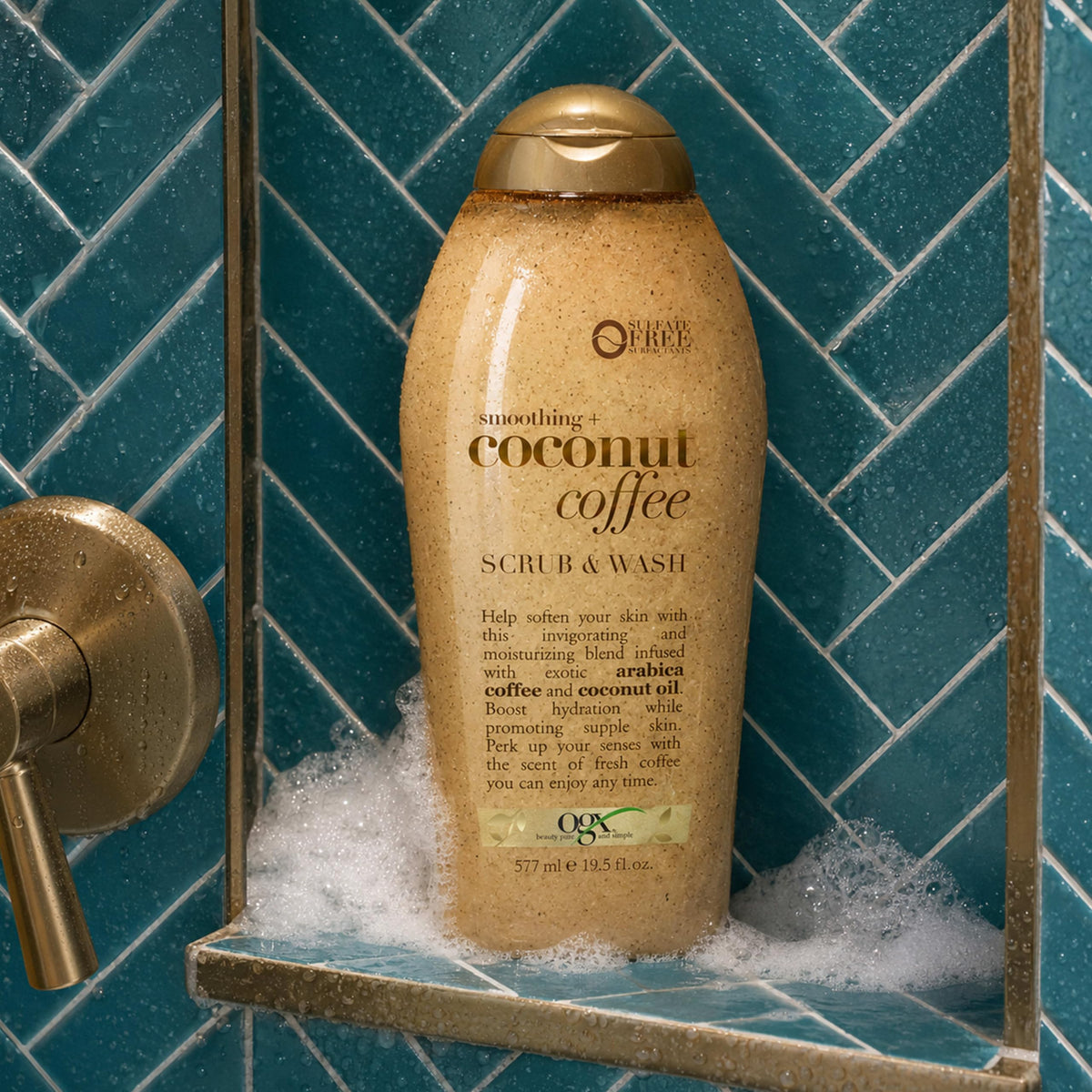 OGX Coconut Coffee Body Scrub with a shower scene