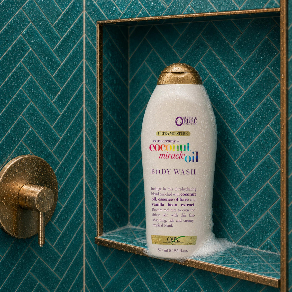 OGX Coconut Miracle Oil Body Wash in a tropical setting