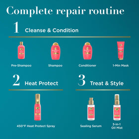 OGX Heat Protect Spray bottle beside hair styling tools