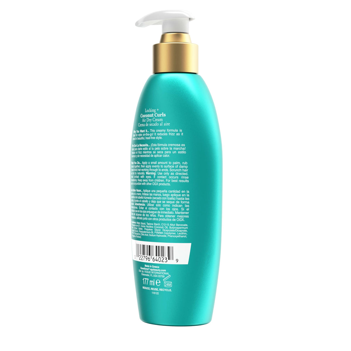 OGX Locking + Coconut Curls Air Dry Cream lifestyle shot on bathroom counter