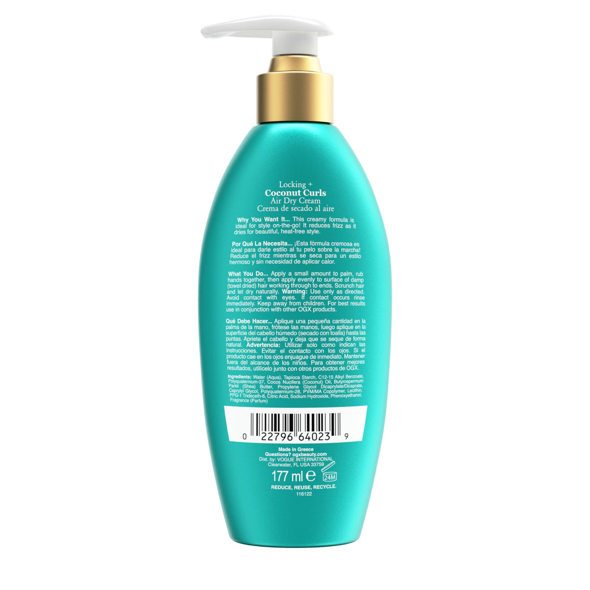 OGX Locking + Coconut Curls Air Dry Cream with soft curls in background
