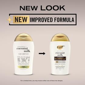 OGX Nourishing + Coconut Milk Shampoo bottle with coconut and peach