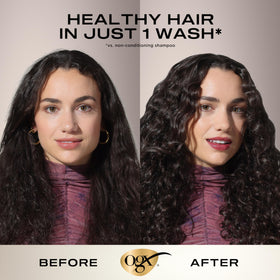 OGX Nourishing + Coconut Milk Shampoo with shea butter background