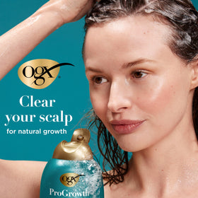 OGX ProGrowth + Peptide Clarifying Shampoo with a close-up of the cap