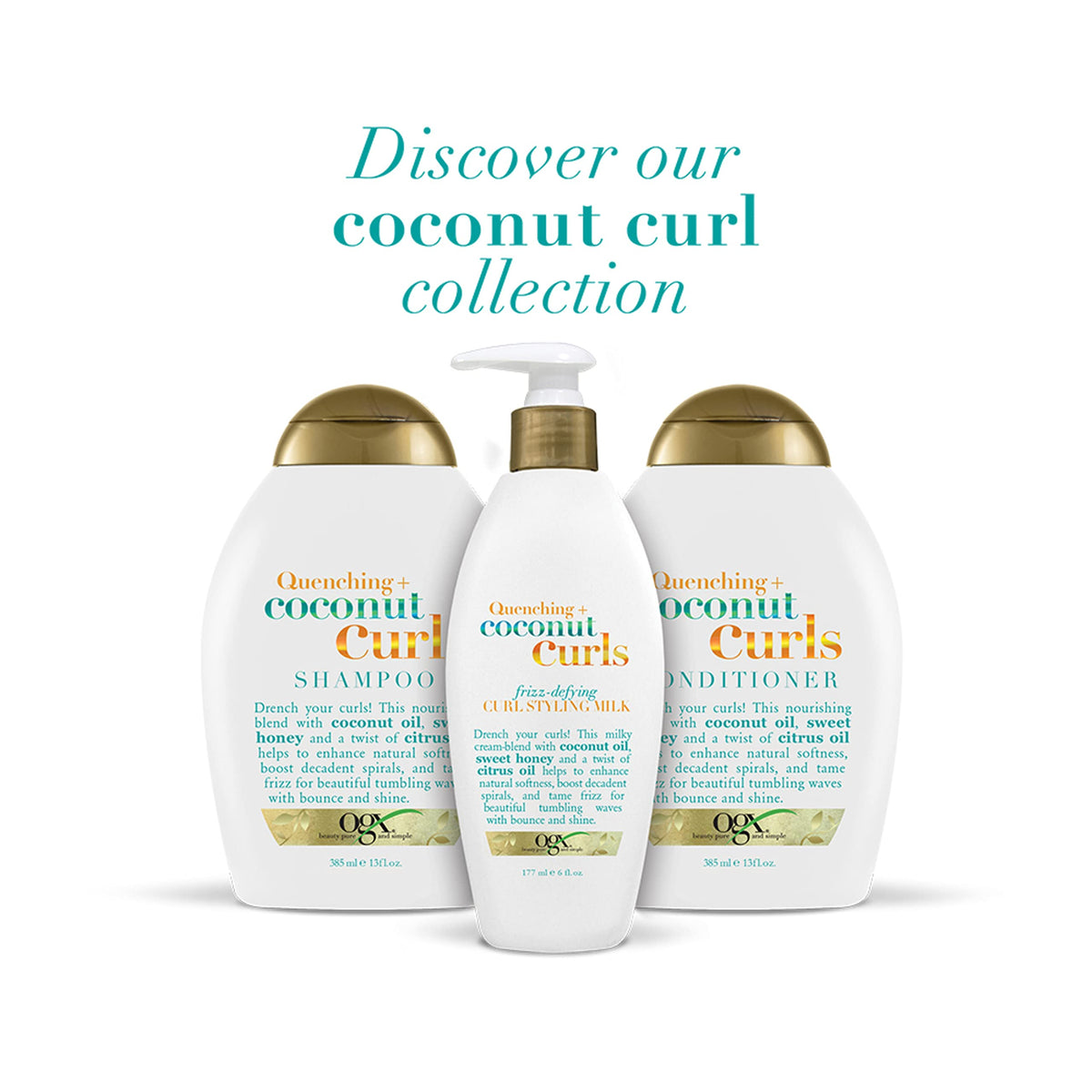 OGX Quenching Coconut Curls Styling Milk displayed with other OGX products