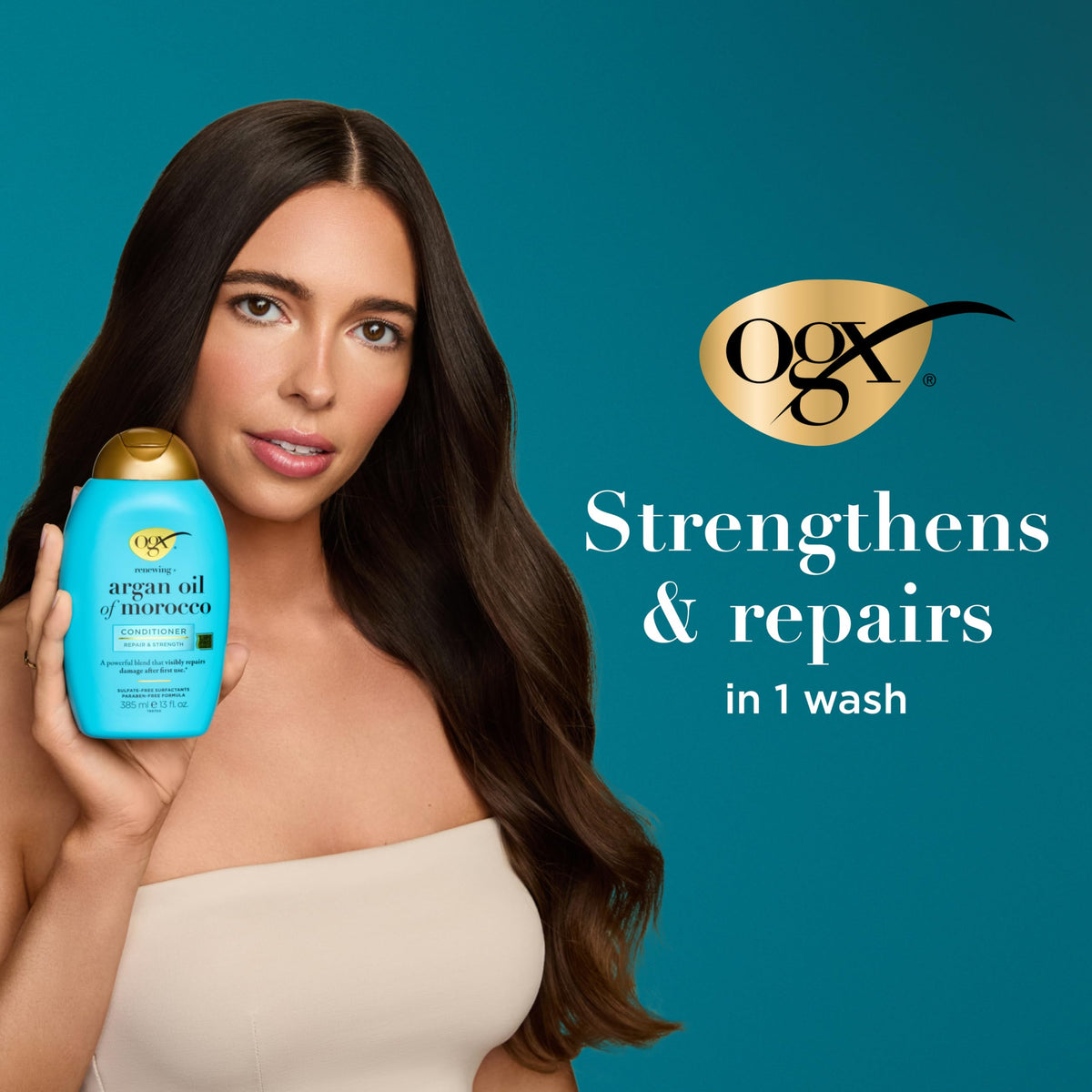 OGX Renewing Argan Oil Shampoo and Conditioner on a vanity