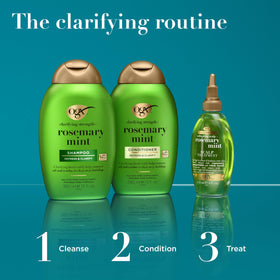 OGX Rosemary Mint Shampoo bottle on a vanity