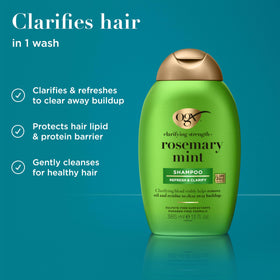 OGX Rosemary Mint Shampoo with fresh rosemary and mint leaves