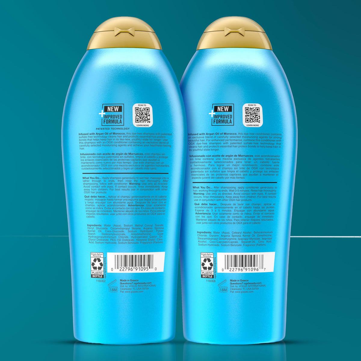 OGX Shampoo and Conditioner set on a bathroom shelf