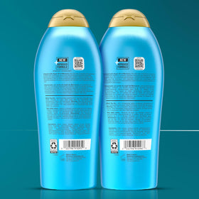 OGX Shampoo and Conditioner set on a bathroom shelf