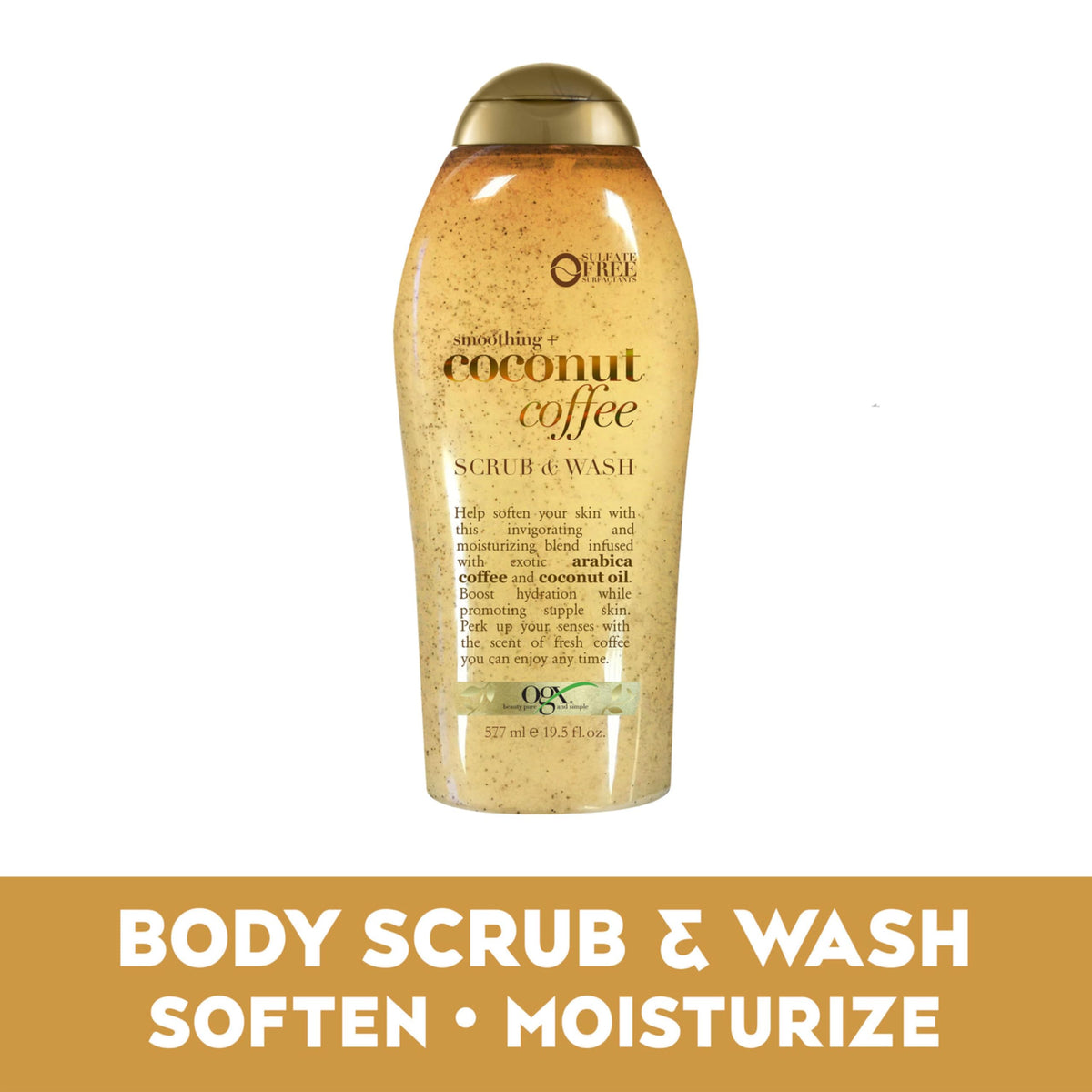 OGX Smoothing Coconut Coffee Exfoliating Body Scrub in a bathroom setting