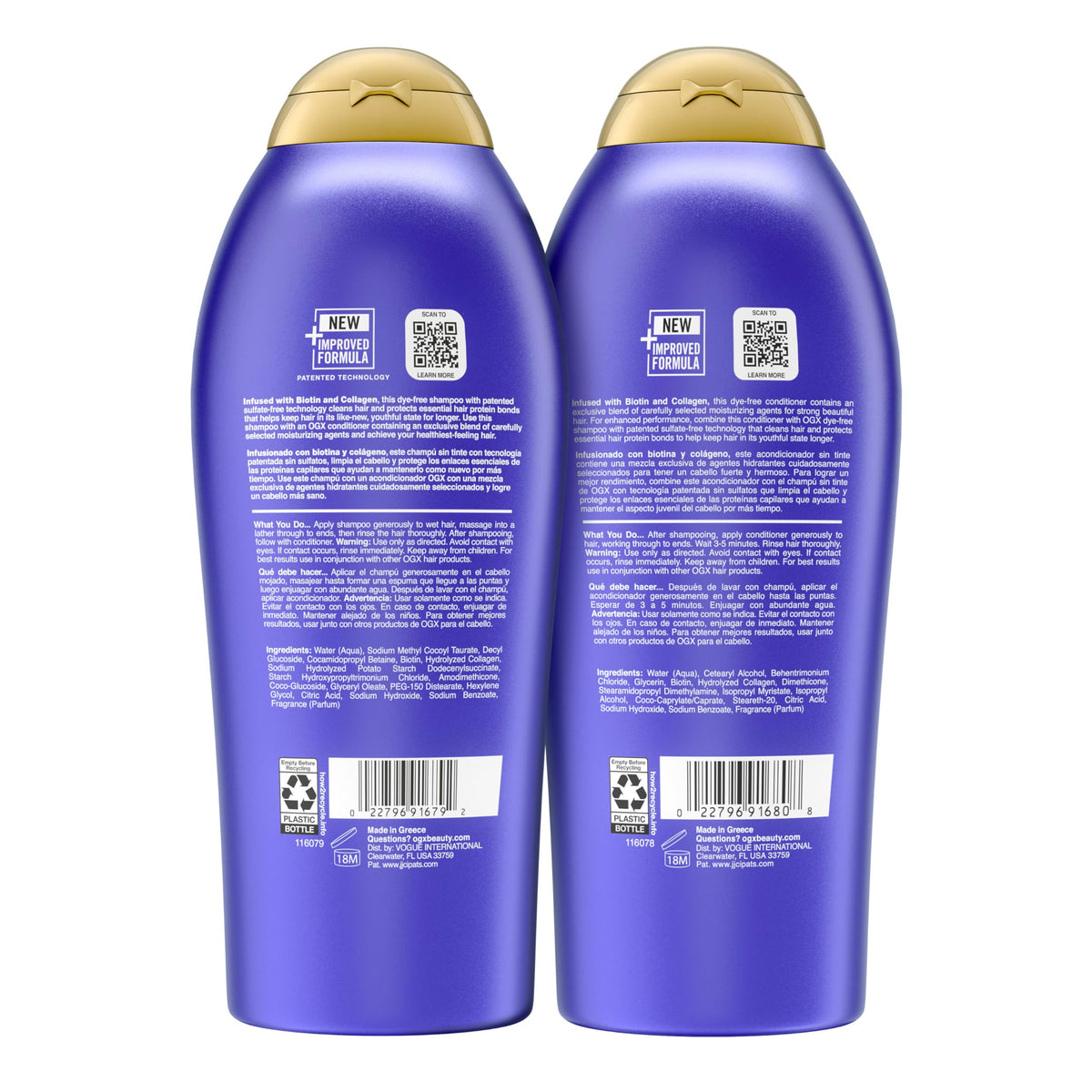 OGX Thick and Full Shampoo and Conditioner bottles side view