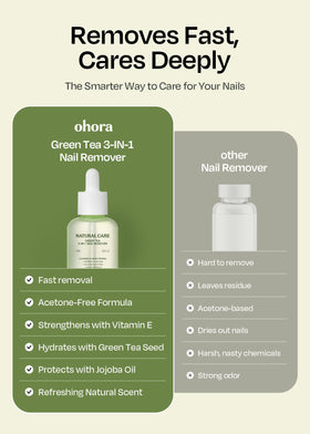 ohora Natural Care Green Tea Nail Remover bottle with green tea leaves