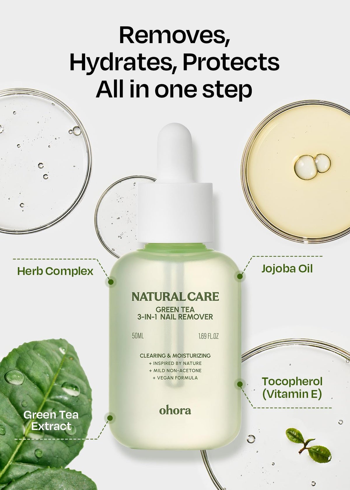 ohora Natural Care Green Tea Nail Remover close-up of bottle