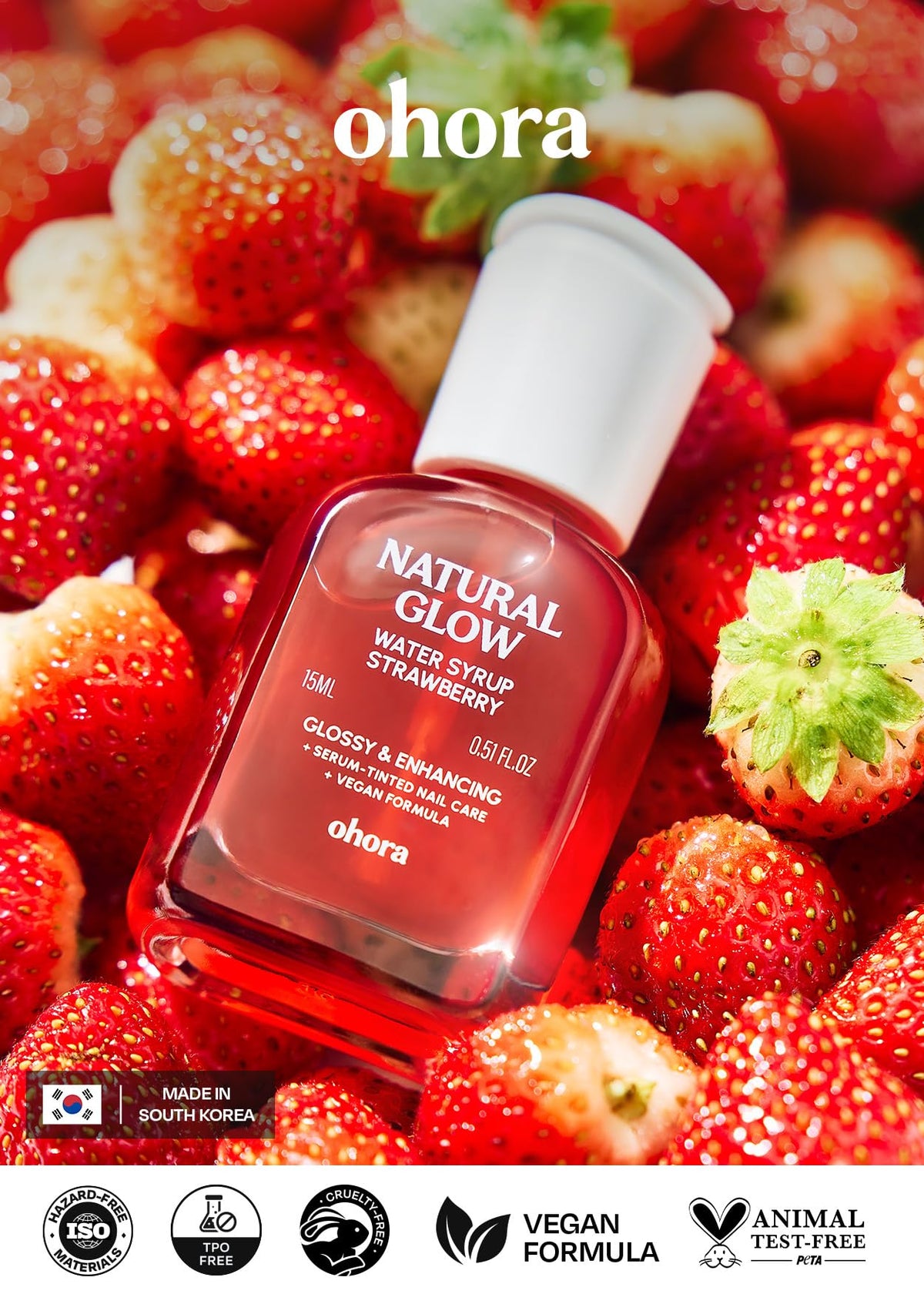 ohora Natural Glow Water Syrup Nail Strengthener with glossy finish on nails