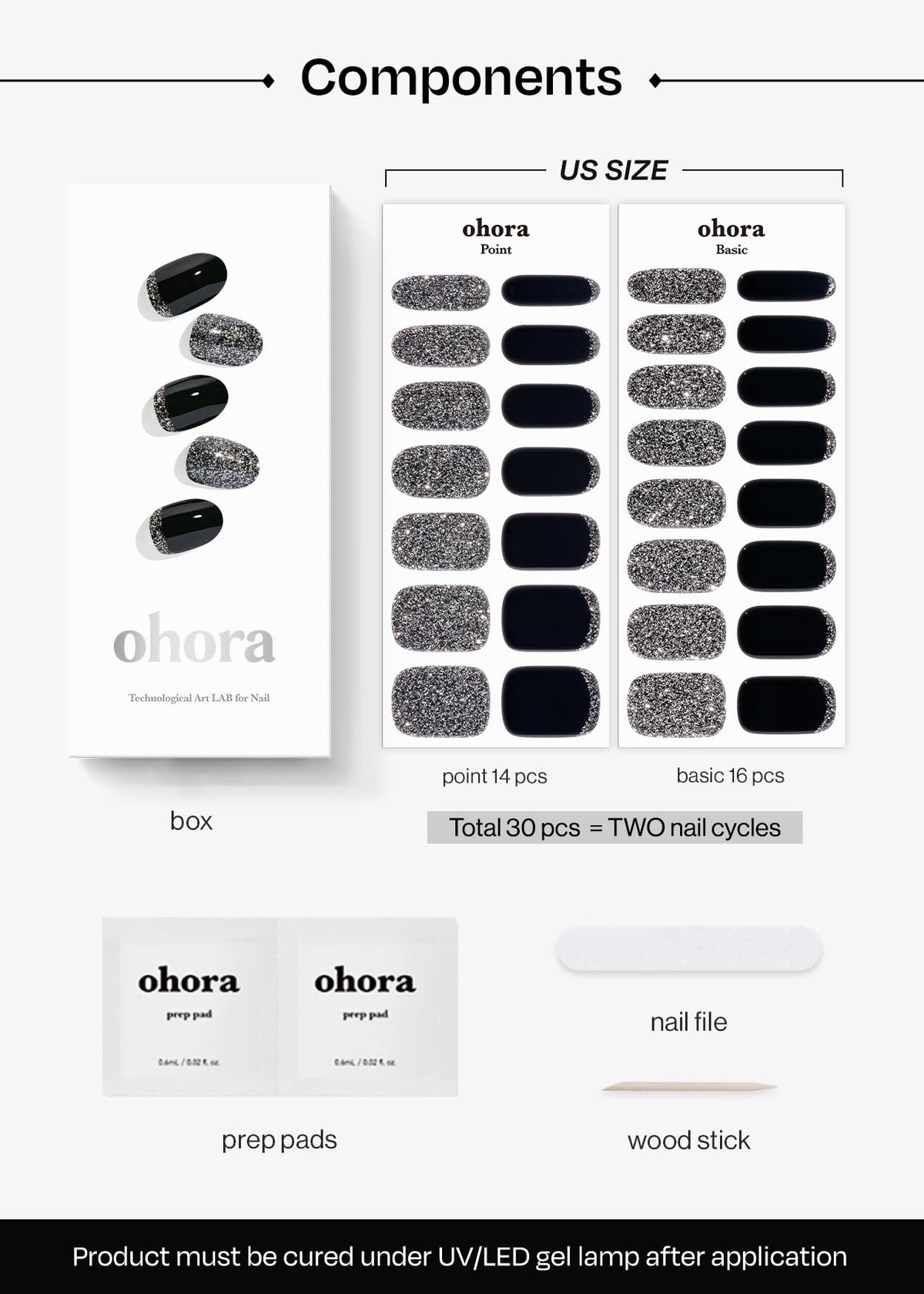 ohora Semi Gel Nail Strips N Party Night on a hand with a stylish design