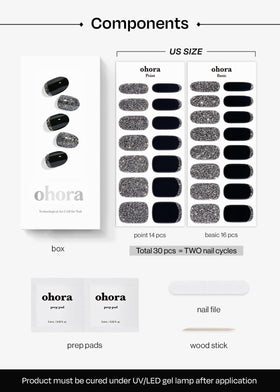 ohora Semi Gel Nail Strips N Party Night on a hand with a stylish design