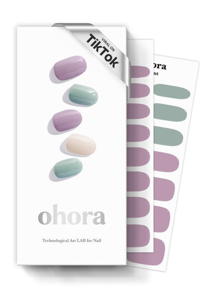 ohora Semi Gel Nail Strips N Tahiti front view with purple and green design