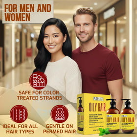 Oily Hair Shampoo and Conditioner in a bathroom setting