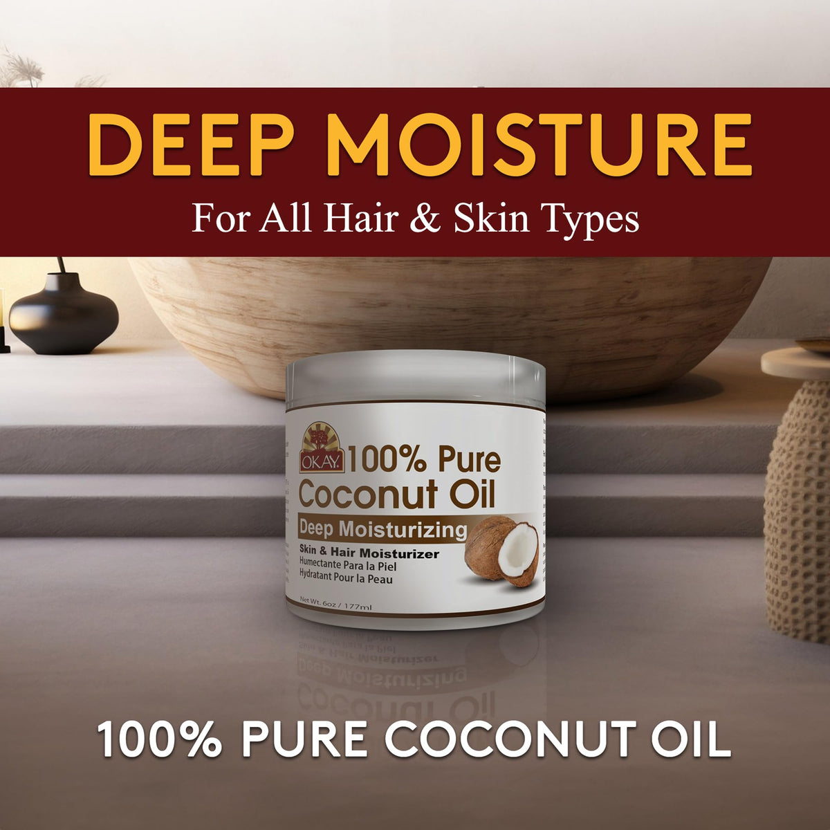 OKAY 100% Pure Coconut Oil 6 Fl Oz jar back view