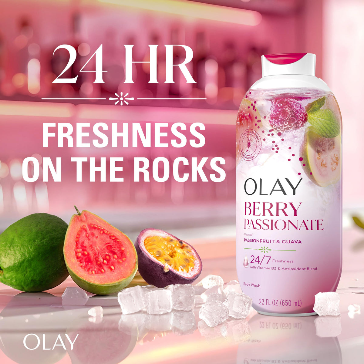 Olay Berry Passionate Body Wash packaging side view