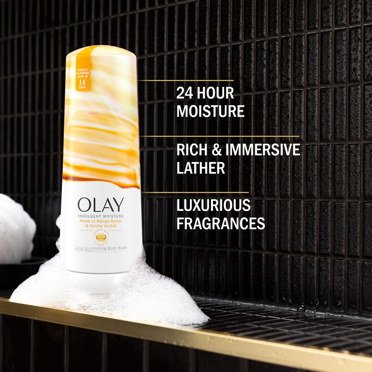 Olay Body Wash bottle side view with mango butter scent