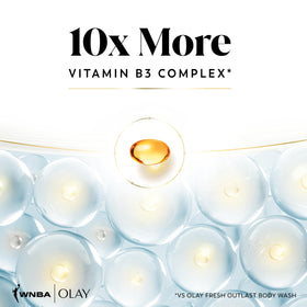 Olay Body Wash Victory Vibes Vanilla on a shower shelf