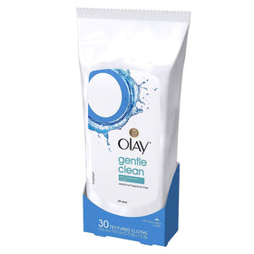 Olay Cleanse Gentle Facial Cloths displayed on a bathroom counter