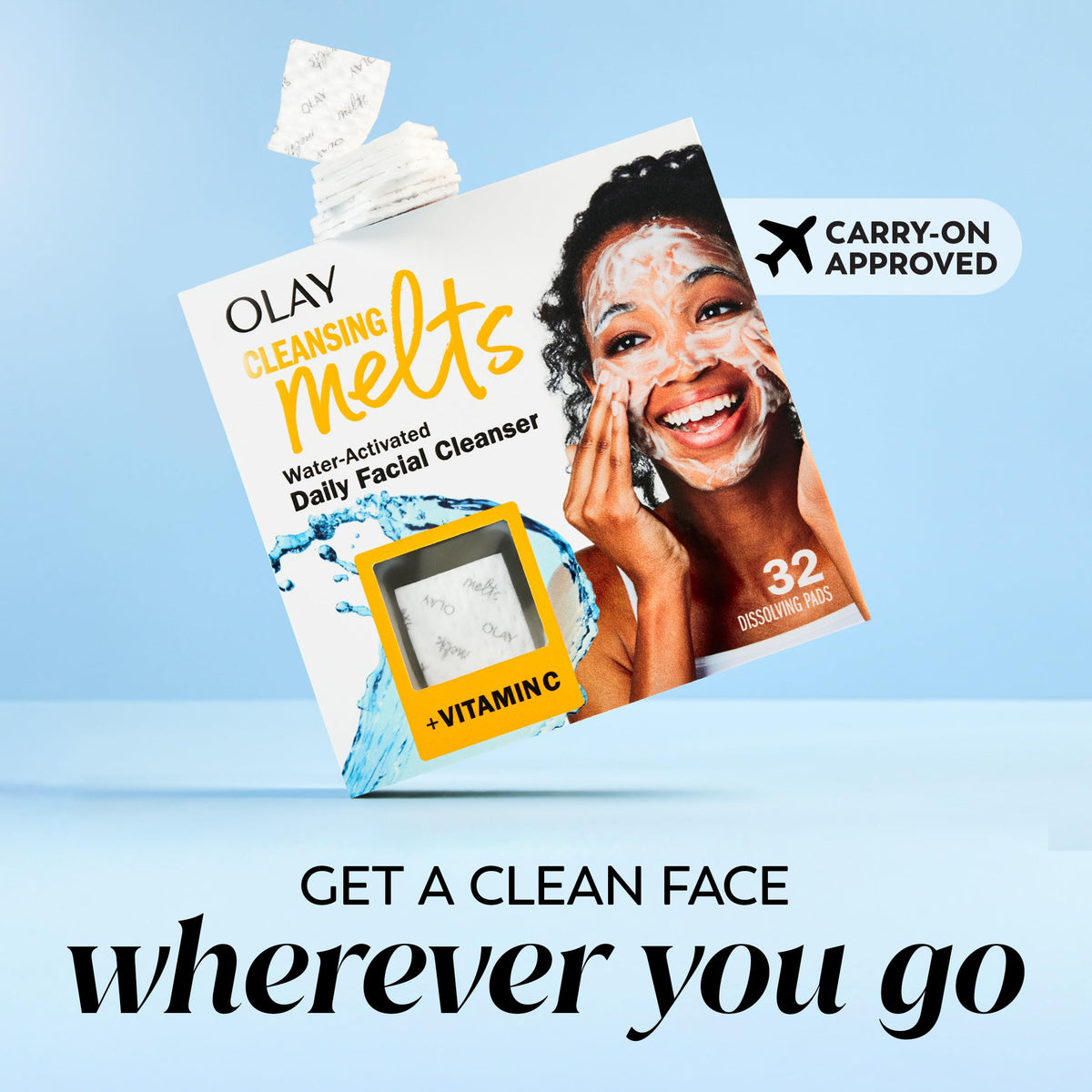 Olay Cleansing Melts face wash lifestyle shot in bathroom