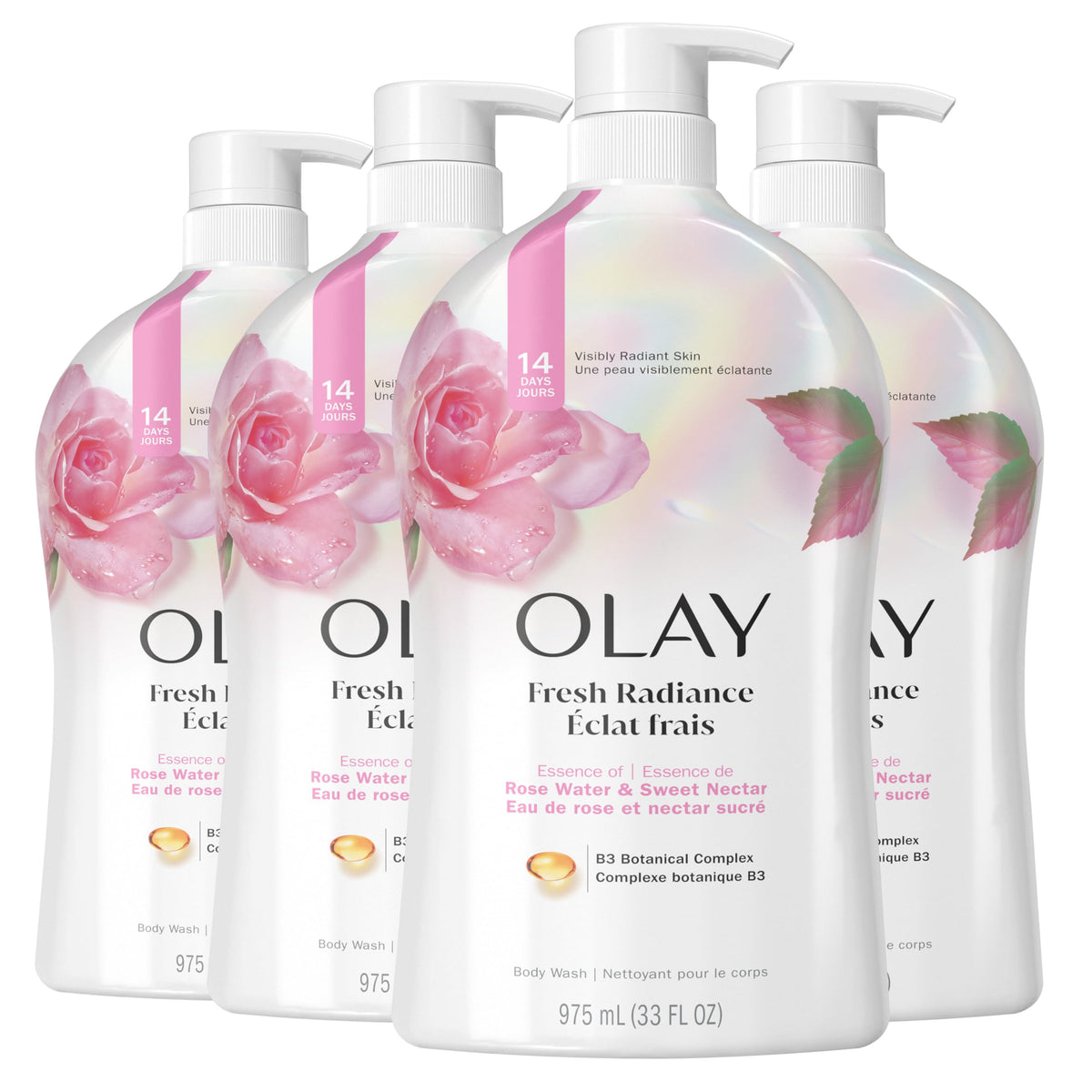 Olay Fresh Radiance Body Wash 33 fl oz front view with Rose Water & Sweet Nectar scent