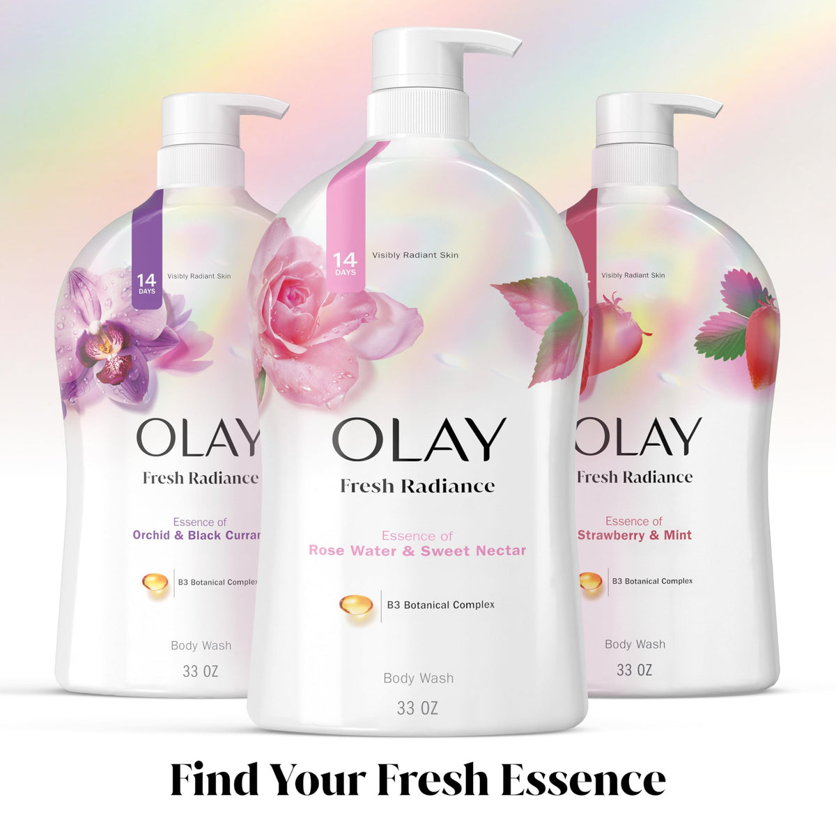 Olay Fresh Radiance Body Wash 33 fl oz on a shower shelf