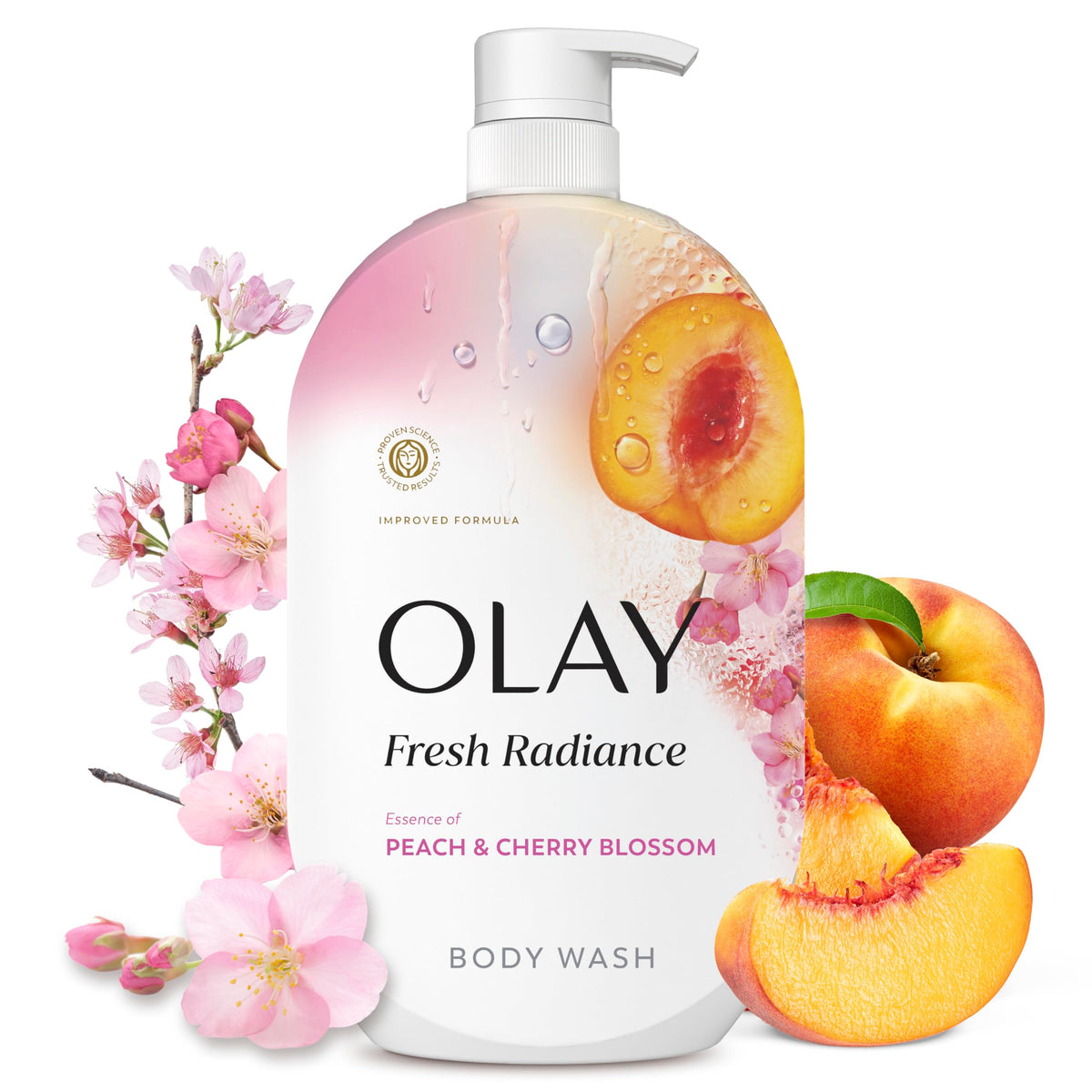Olay Fresh Radiance Body Wash 35 fl oz front view with Peach & Cherry Blossom scent