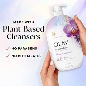 Olay Fresh Radiance Body Wash in a bathroom setting