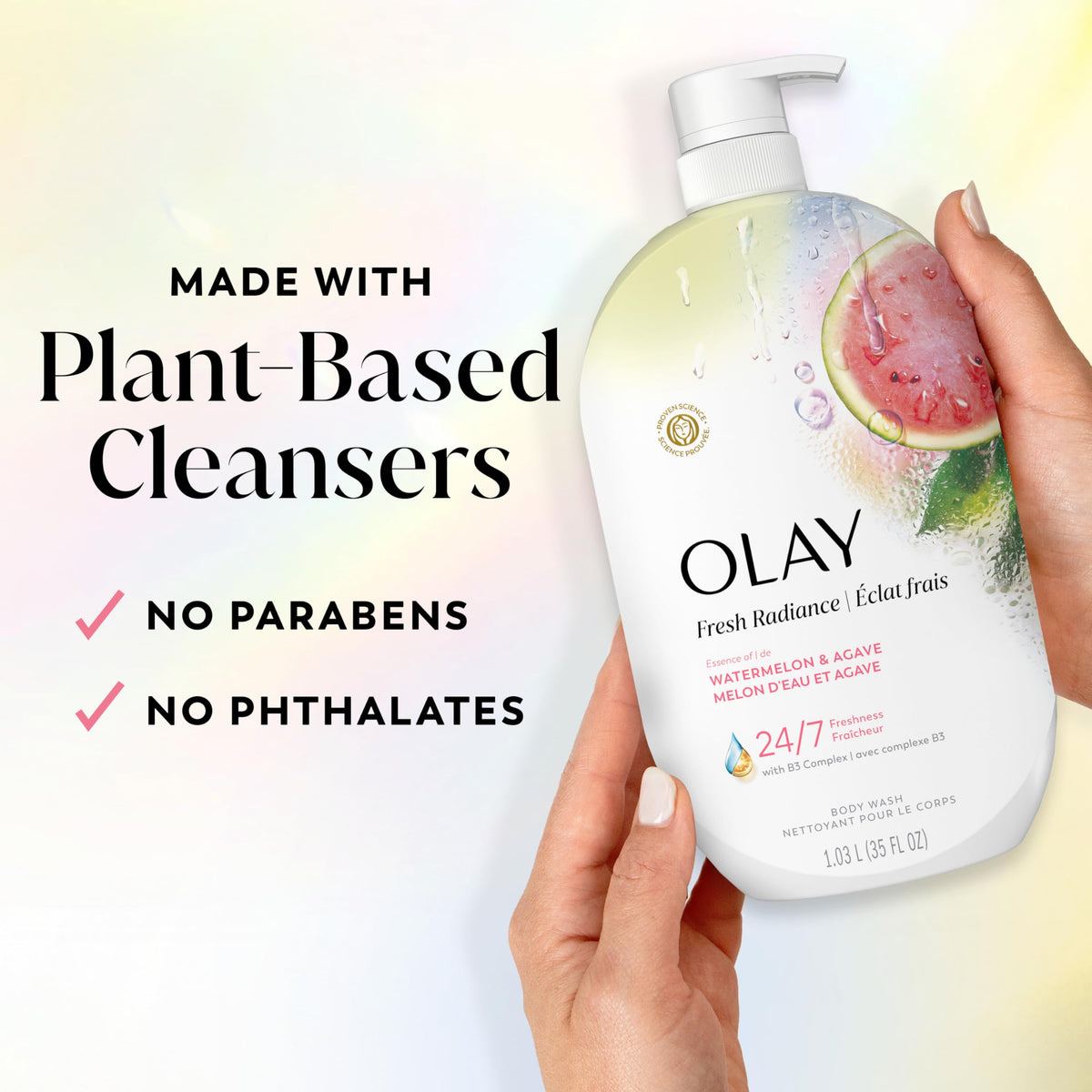 Olay Fresh Radiance Body Wash in a bathroom setting