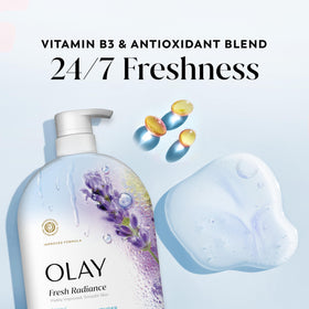 Olay Fresh Radiance Body Wash lather in a shower setting