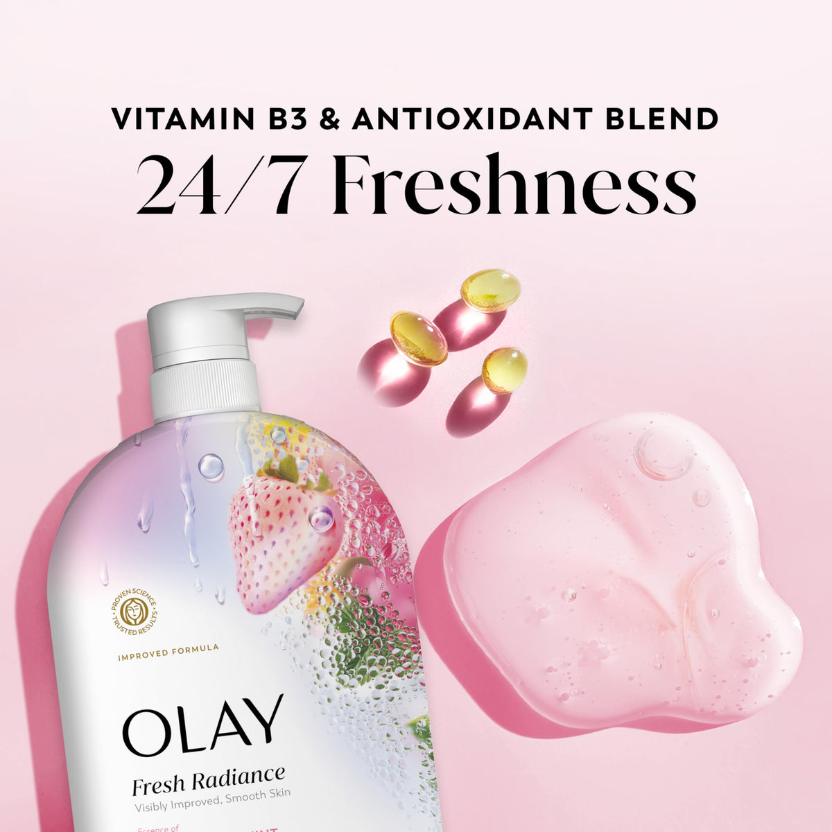 Olay Fresh Radiance Body Wash lathering on skin in shower