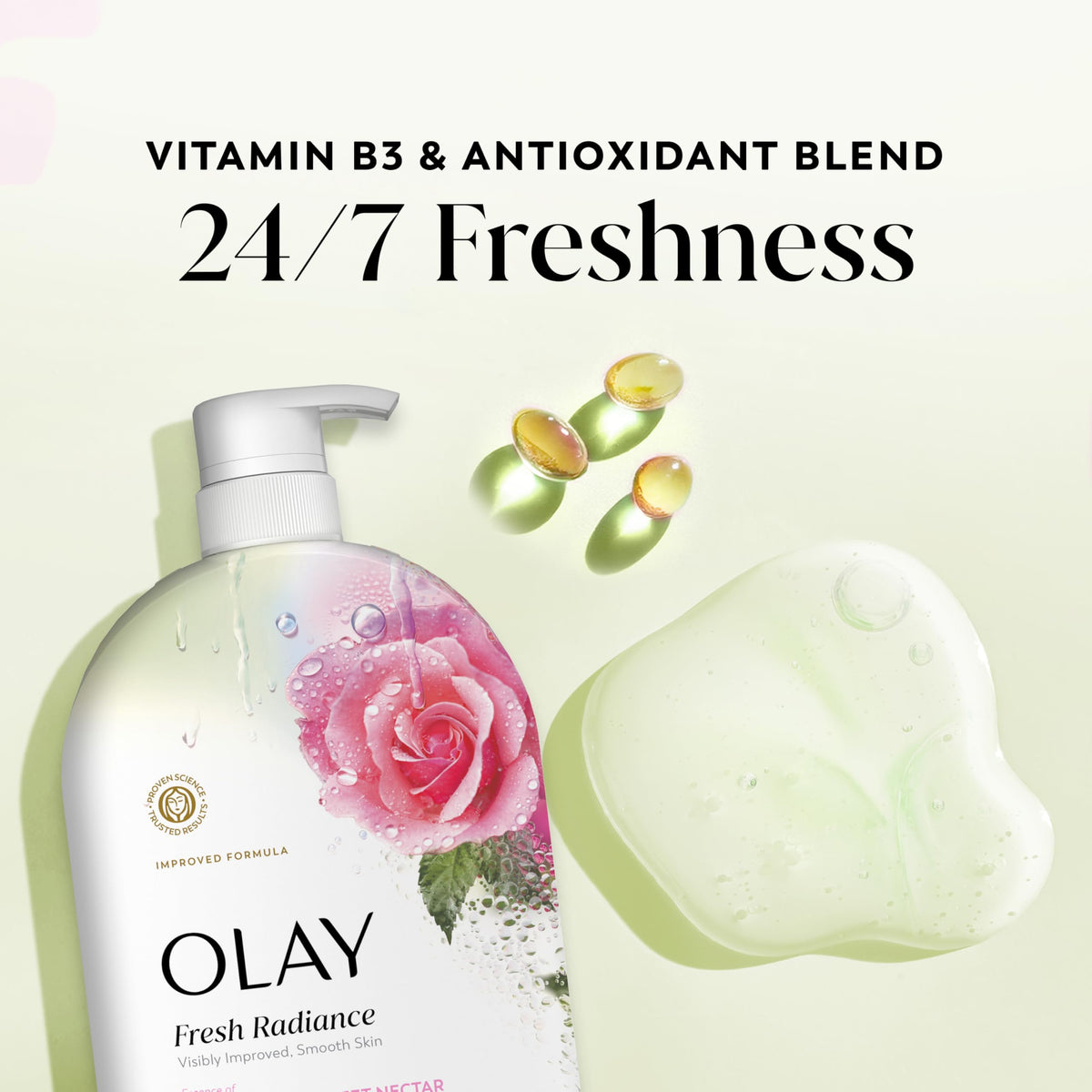 Olay Fresh Radiance Body Wash packaging with Rose Water scent