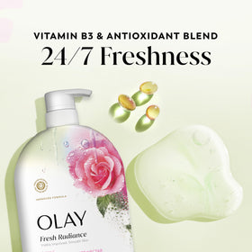 Olay Fresh Radiance Body Wash packaging with Rose Water scent