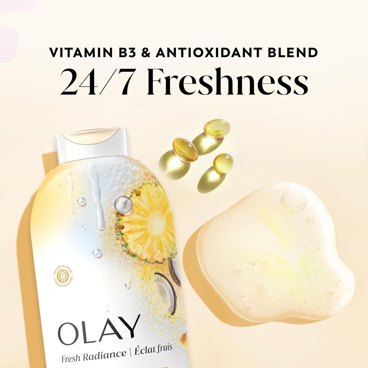 Olay Fresh Radiance Body Wash side view showing label
