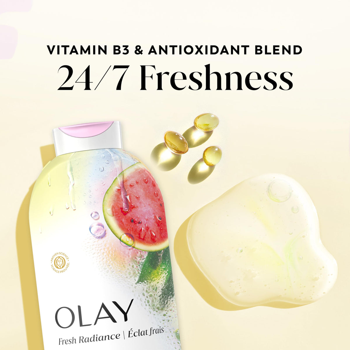 Olay Fresh Radiance Body Wash side view with label